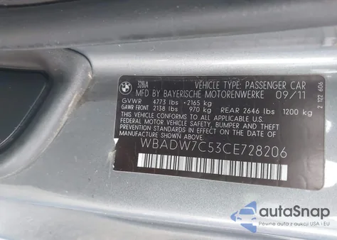 2012 BMW 328I из США, поврежденный, VIN WBADW7C53CE728206